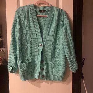 Teal cardigan with brown buttons